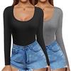 Ekouaer Maglia Termica Donna Maglietta Manica Lunga Invernale Slim T Shirt Basic Top con Scollo Quadrato Camicette, Nero+Grigio, XXL