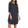 Vlazom Camicia da Notte Donna Cotone a Righe Manica 3/4 con Tasche Lunga Fino Ginocchio，Blu Navy，S