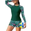SHEKINI Donne 2 pezzi protezione eruzioni cutanee manica lunga costumi da bagno protezione solare surf camicia costume da bagno nuoto, verde+fiore, S