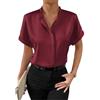LIUYUYOUGO Camicia Donna Camicetta in Raso da Donna A Maniche Corte con Bottoni in Seta Casual Ampia con Collo Alto Tunica da Lavoro da Ufficio Estiva per Uscire Bordeaux Rosso S