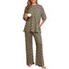 PrinStory Pigiama da donna a maniche corte e pantaloni lunghi con tasche, set da notte, Leopard Khaki, M