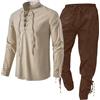 Generic Gilet Medievale da Uomo - Set di Abbigliamento Con Camicia di Lino, Pantaloni Con Cinturino alla Caviglia - Tuta Sabbia, Cachi, M