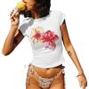 Luckinbaby Y2k Maglietta da donna a maniche corte con stampa di fiori di ibisco maglietta estiva slim fit per uscire camicie corte, Rosso floreale., S