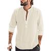 Runcati Camicia da uomo in cotone e lino, maniche lunghe, collo alto, camicia da spiaggia, camicia estiva, camicie eleganti, Beige, L
