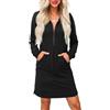PrinStory Abito Maglione da Donna a Maniche Lunghe con Mezza Zip Scollo a V Abito in Felpa con Tasche Laterali, Nero , M