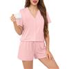 Wikoan Set Pigiama da Donna Pigiama Estivo con Scollo a V e Bottoni Top Cardigan e Pantaloncini,Rosa,M