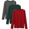 LiKing Maglietta a Maniche Lunghe Donna con Scollo Tondo Cotone T-Shirt Girocollo Cotone Shirt Classica Maglietta Donna Maniche Lunghe 3er Pack Verde Scuro Grigio Rosso X-Large GRGR