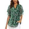 Vafoly Camicia da donna, elegante, a maniche corte, estiva, con scollo a V, in rete, con fiori, a doppio strato, fiori verdi, L