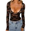 Generic Camicia Donna, Camicette di Pizzo Donna Maniche Lunghe Top a Canotta con Bordo Pizzo Y2K Magliette Sexy Rete Trasparente Maglietta Estiva Elegante Slim Streetwear per Feste Club Serate Fuori Nero S