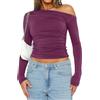 ORANDESIGNE Crop Top Sexy Donna Ragazza Maglietta con Maniche Lunghe Donna Top Corto Aderente Monospalla Shirt Corto Sexy Donna Tinta Unita Casual Discoteca A Viola M