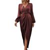 LIUYUYOUGO Abito Donna Abito Midi da Donna in Raso con Scollo A V Maniche Lunghe Elegante Abito in Seta con Elastico in Vita E Arricciature con Spacco per Cocktail Party Abiti da Cerimonia