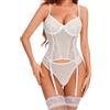 EVELIFE Set intimo da donna, body con calze sexy, body con giarrettiera, in pizzo, calze autofissanti, bianco, M