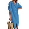 shownicer Vestiti Donna Estivi Abito in Lino Scollo a V Manica Corta Vestiti Casual Tinta Unita Vestito Lunga Camicia Vestiti da Spiaggia Midi Dress A Blu L