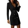 Onsoyours Vestiti Eleganti Corti Vestitini Blazer Ragazze Manica Lunga V Neck Abito da Giorno Doppio Petto Abiti Tubino Casual Vestito Tailleur a Quadri Dress Mini