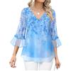 Vafoly Camicetta da donna elegante, casual, con arricciature, a maniche 3/4, scollo a V, in chiffon floreale, fiore blu, XL