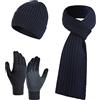 PAIDAXING Cappello invernale da donna, lavorato a maglia, caldo, sciarpa lunga, guanti touch screen, set da 3 pezzi, cappucci con teschio, sciarpe per donne e uomini, Marina Militare, Taglia unica