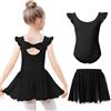 Kefiyis Body da danza per ragazze, con maniche svolazzanti, in cotone, con gonna rimovibile, vestito da ballerina per 3-11 anni, Nero , 120