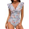 Vijamiy Costume Intero Donna Escote en V Sensual Volantes Contenitivo Curvy Costumi con Motivi Floreali,per la Spiaggia e la Piscina(Blu-Rosso Fantasia,XXL)