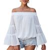 MQYXGS Donna con Spalle Scoperte Manica a Campana Swiss DOT Top Svasato Camicetta Allentata Casual Tinta Unita con Spalle Scoperte Camicia a Maniche Lunghe con Volant in Chiffon T-Shirt (A-Bianco/M)