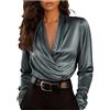 GMQWRK Camicetta avvolgente con scollo a V da donna, elegante camicia a maniche lunghe in raso setoso elegante increspato incrociato sul davanti pullover drappeggiato in seta senza colletto per