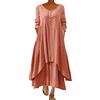 ORANDESIGNE Abito Lungo Donna Cotone e Lino Caftano Boho Abito Ampio Casual Moda Manica Lunga Scollo a V Abiti Lunghi Vestito Estivo Taglie Forti Eleganti Vestiti 2 in 1 Maxi Abito A Rosa XXL