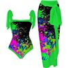 PAIDAXING Costume da bagno da donna a due pezzi con pareo abbinato copricostume estivo da donna in stile bohémien con stampa floreale monokini costumi da bagno da spiaggia, 17-verde, L
