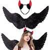 Winwild 75CM Ali d'Angelo Nero con Set di Corna del Diavolo, Diavolo Costume Signore Angelo Costume Accessori Angelo Diavolo Ali Adulti per Halloween Carnevale Cosplay Party Fasching Travestimento
