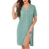 Lovasy Camicia da Notte in Cotone Donna Estiva Manica Corta Abito da Notte Allattamento con Scollo a V Pigiama Vestaglia Bottoni Davanti con Tasche,A-Verde,L