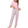 Aseniza Pigiama da donna in cotone, set da notte estivo, maglietta a maniche corte, pantaloni lunghi a scacchi biancheria da casa confortevole