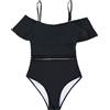XUANFXPJ Costume da bagno intero da donna, sexy, nero, con spalline, volant, spalle scoperte, costume da bagno, controllo della pancia, abbigliamento da spiaggia(L)