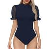 Missufe Maglia da donna elegante a collo alto, a maniche corte, estiva in rete, Blu scuro, L