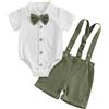 Geagodelia Costume da gentiluomo da bambino da 2 pezzi, body camicia a maniche corte + pantaloncini con bretelle, set da gentiluomo battesimo matrimonio cerimonia, verde scuro, 3-6 Mesi
