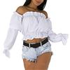 Generic Top Corto con Spalle Scoperte Camicie a Maniche Lunghe con Lanterna Estiva da Donna Top Arricciati in Vita arricciata White M