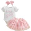 JCOPLY Neonato Bambino Festa della Mamma Vestito Ragazze Primavera Estate Vestiti Lettere Applique Manica Corta Pagliaccetto Manica Sbuffa Rosa Tutu Gonna Bow Fascia Set 0-18M, bianco, 3-6 Months