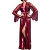 ROSVAJFY Vestaglia Lunga Sexy Donna Pizzo Trasparente con Perizoma Camicia da Notte Maniche Lunghe Lingerie Intima Kimono Floreale (Borgogna)