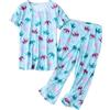 Leaomuny Pigiama Donna Mezza Stagione Lungo Cotone, Pigiami Curvy Leggero, Maglia Manica Lunga Girocollo E Pinocchietto Stampa Gatto Elegante, Set Morbido Pyjamas Taglie Forti Estivo Casual da Casa