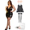ohyeahlady Vestito Donna Sexyhot Pelle Pu Mini Vestito Discoteca Corto Abito Sexydonna Hot Curvy Pelle Pu Taglie Forti Bodycon Clubwear Cocktail Party Festa XXL,Nero+Calze