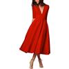 CARINACOCO Donna Vestiti Lunghi da Matrimonio Elegante Collo V Vestito A Pieghe Skater Abito Maxi Damigella Sera Cerimonia Inverno Rosso M