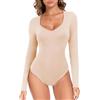 WOWENY Body da donna a maniche corte, a maniche lunghe, con scollo a V, sexy, da donna, sottile, elegante, Maniche lunghe beige, S