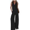 Generico Tailleur Donna Eleganti 2 Pezzi Set Gilet con Scollo a V Senza Maniche Pantaloni a Gamba Larga Forti Completo Set Estate Lino Abbinato Tuta