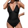 CUPSHE, Costume da bagno intero da donna, con scollo a V, controllo della pancia, doppie cinghie regolabili, con cout-out sul retro e anello O-ring, Nero, S