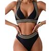 GELAiZi Costume da bagno da donna nero a due pezzi con finiture dorate con motivo greco, vita alta e spalline larghe, Nero, X-Large-XX-Large