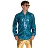 Partychimp Camicia Disco Anni 70 per Uomo Camicia Lucida Metallizzata a Maniche Lunghe Outfit Carnevale Taglie S-3XL (Turchese, XL)