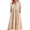 Generic Maxi abito estivo da donna in lino tinta unita con maniche a tre quarti e pieghe in misto cotone, abiti di media lunghezza per donne abiti da donna abiti UK Party Skater cocktail uscire notte signore