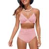 NLAND Costume da Bagno Donna Due Pezzi a Vita Alta Increspato Scollo a V Sexy Bikini Set Costumi Mare Halter Push Up Imbottito Beachwear(Rosa,XL)