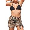 SHEKINI Costumi da Bagno Tre Pezzi Donna Halter Ties-up Triangolo Bikini Top Costume Due Pezzi Donna con Sexy Brasile Bikini Fondo e Gonna Portafoglio Sarong da Spiaggia（L,Nero Y）