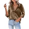 PODOLIXIA Camicia da donna in raso, elegante, a maniche lunghe, business, casual, con scollo a V, a V, a maniche lunghe, con bottoni, in velluto, bronzo, L