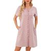 Lovasy Camicia da Notte in Cotone Donna Camicia da Notte Manica Corta a Righe Scollo a V Sexy Sottoveste Curvy con Bottoni Davanti Abito da Notte Estiva con Tasche A Rosa M