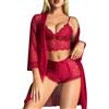 RSLOVE Set di Lingerie Sexy da Donna - Reggiseno e Slip in Pizzo con Vestaglia in Rete 3 Pezzi, Bordeaux XXL