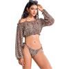 POWER FLOWER Bikini Donna 3 Pezzi Stampa Leopardo con Crop Top Maniche Lunghe off Shoulder - Costume da Bagno Triangle Regolabile